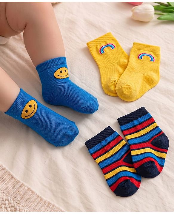 Cute Walk By Babyhug Anti-Bacterial Ankle Length Socks with Stripes & Smiley Design Pack of 3 - Blue & Yellow