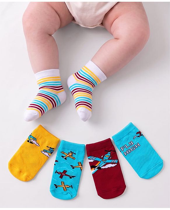 Cute Walk By Babyhug Anti-Bacterial Ankle Length Socks with Stripes & Airplane Design Pack of 5 - Blue & Yellow