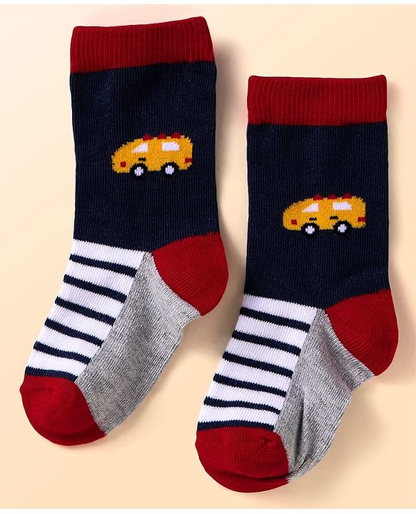 Cute Walk By Babyhug Anti-Bacterial Ankle Length Socks with Stripes & Vehicle Design Pack of 5 - Black & White