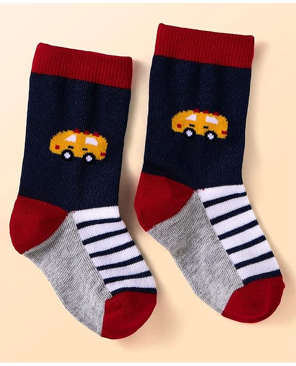 Cute Walk By Babyhug Anti-Bacterial Ankle Length Socks with Stripes & Vehicle Design Pack of 5 - Black & White