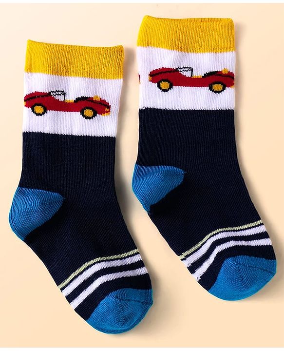 Cute Walk By Babyhug Anti-Bacterial Ankle Length Socks with Stripes & Vehicle Design Pack of 5 - Black & White
