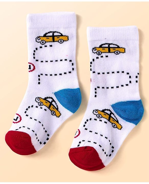 Cute Walk By Babyhug Anti-Bacterial Ankle Length Socks with Stripes & Vehicle Design Pack of 5 - Black & White