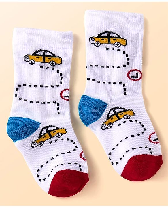 Cute Walk By Babyhug Anti-Bacterial Ankle Length Socks with Stripes & Vehicle Design Pack of 5 - Black & White