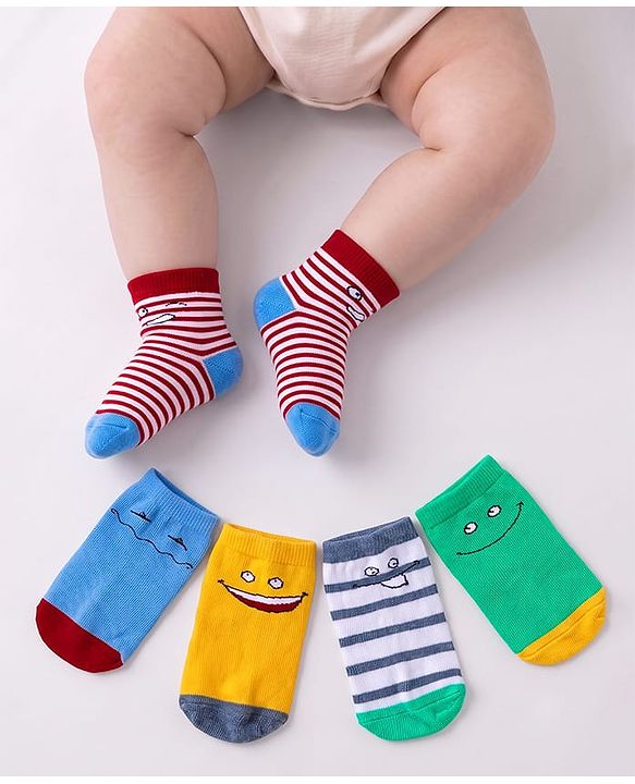 Cute Walk By Babyhug Anti-Bacterial Ankle Length Socks with Stripes & Smiley Design Pack of 5 - Blue & Yellow