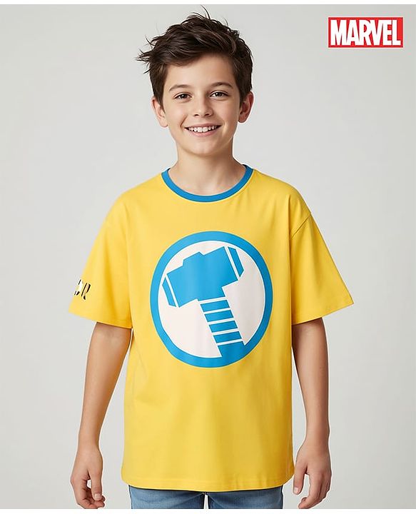 Pine Kids Marvel  Terry Knit Half Drop Shoulder Sleeves T-Shirt with Thor Graphic Gold Foil Detailing - Yellow