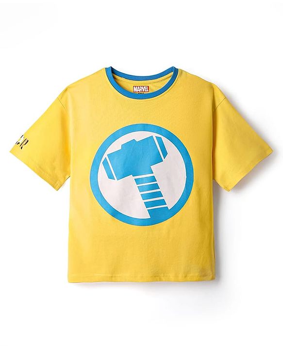 Pine Kids Marvel  Terry Knit Half Drop Shoulder Sleeves T-Shirt with Thor Graphic Gold Foil Detailing - Yellow