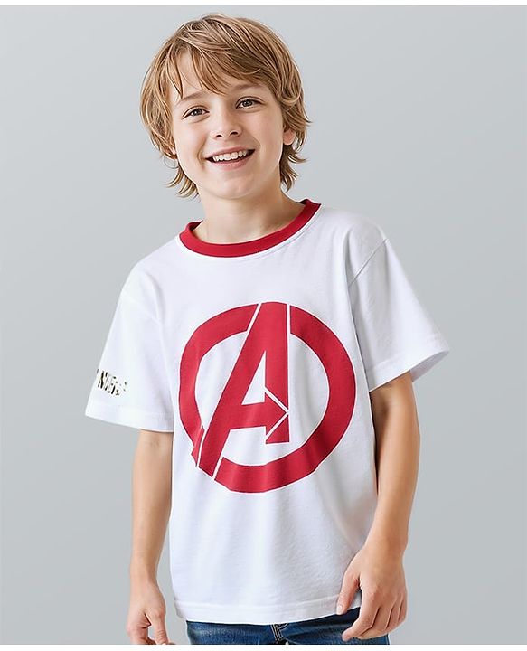 Pine Kids Marvel Light Terry Knit Half Drop Shoulder Sleeves Oversized T-Shirt with Avengers Graphics & Gold Foil Detailing - White