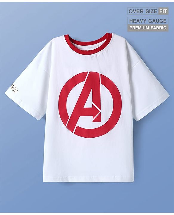 Pine Kids Marvel Light Terry Knit Half Drop Shoulder Sleeves Oversized T-Shirt with Avengers Graphics & Gold Foil Detailing - White