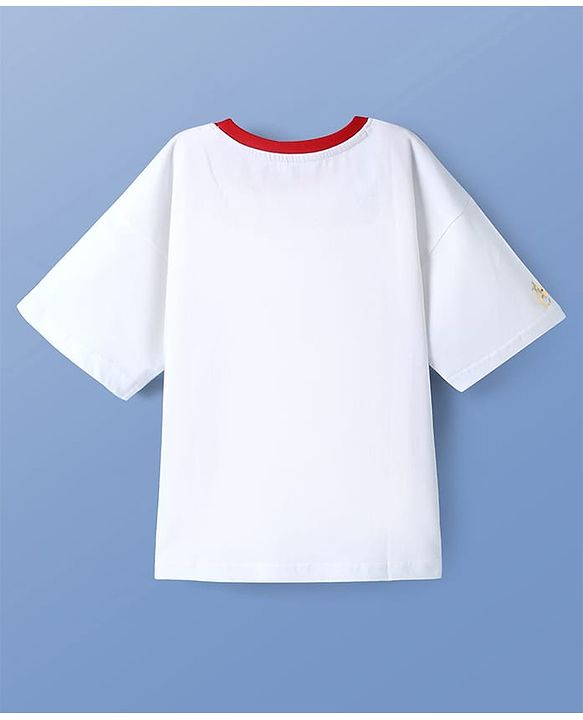 Pine Kids Marvel Light Terry Knit Half Drop Shoulder Sleeves Oversized T-Shirt with Avengers Graphics & Gold Foil Detailing - White