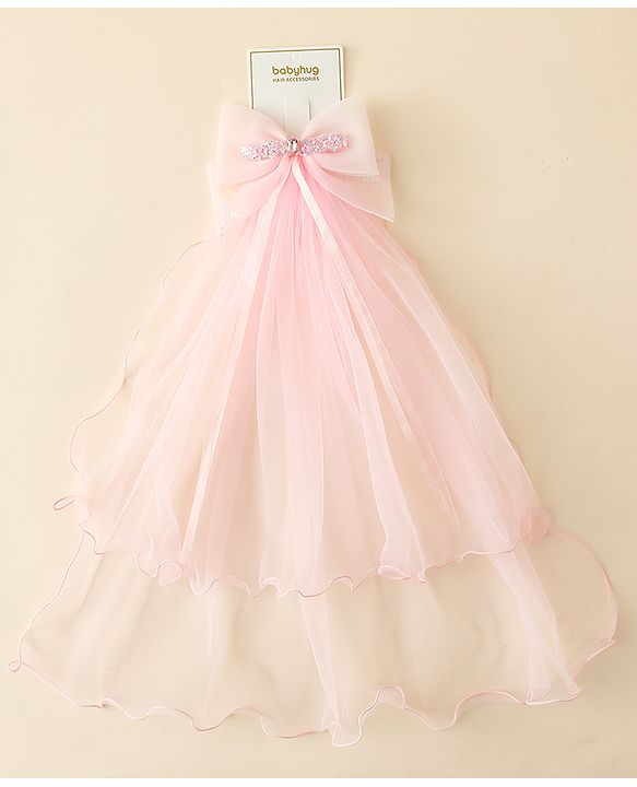 Babyhug Hair Clip with Bow Applique & Veil - Pink