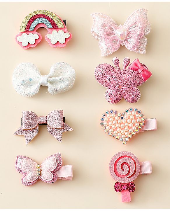 Babyhug Hair Clips with Butterfly Bow Heart Applique Pack of 8 - Multicolor