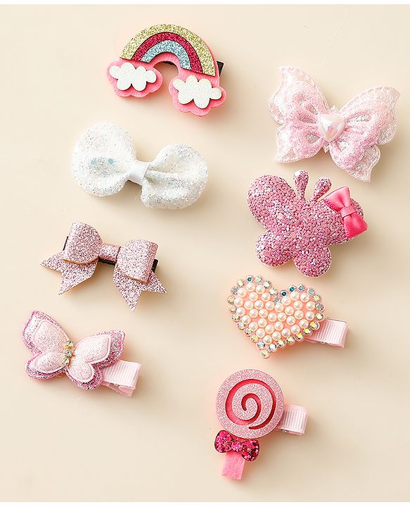 Babyhug Hair Clips with Butterfly Bow Heart Applique Pack of 8 - Multicolor