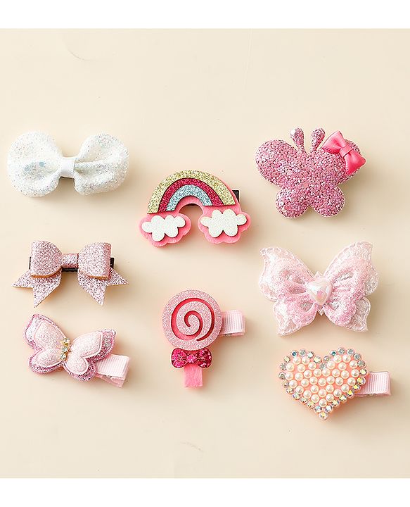 Babyhug Hair Clips with Butterfly Bow Heart Applique Pack of 8 - Multicolor