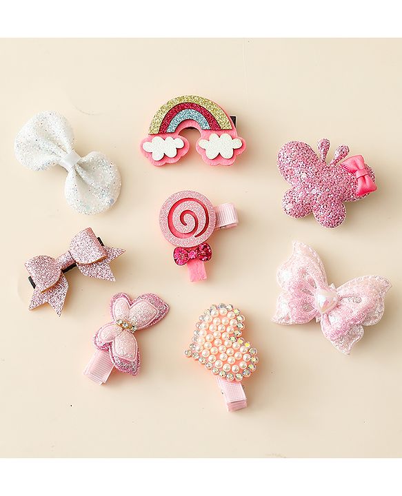 Babyhug Hair Clips with Butterfly Bow Heart Applique Pack of 8 - Multicolor
