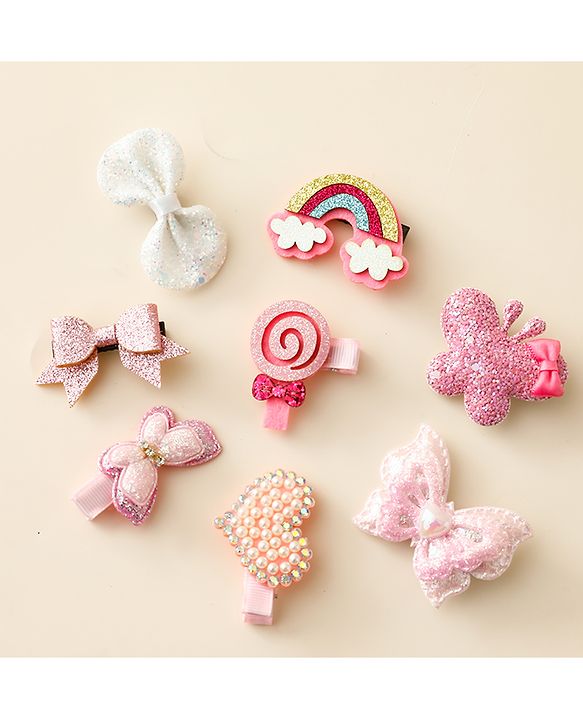 Babyhug Hair Clips with Butterfly Bow Heart Applique Pack of 8 - Multicolor
