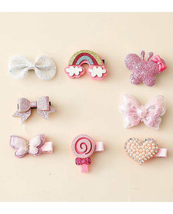 Babyhug Hair Clips with Butterfly Bow Heart Applique Pack of 8 - Multicolor