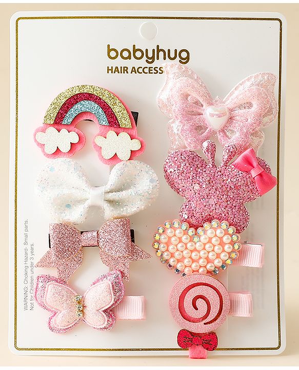Babyhug Hair Clips with Butterfly Bow Heart Applique Pack of 8 - Multicolor