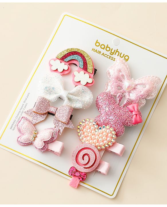 Babyhug Hair Clips with Butterfly Bow Heart Applique Pack of 8 - Multicolor