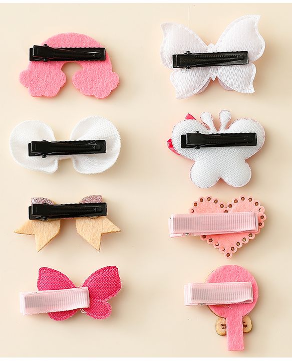 Babyhug Hair Clips with Butterfly Bow Heart Applique Pack of 8 - Multicolor