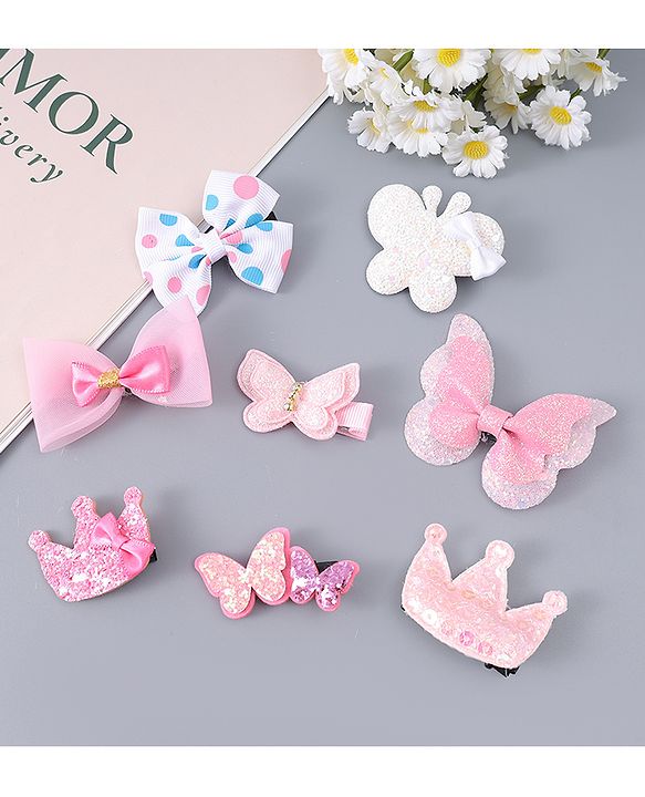 Babyhug Hair Clips with Butterfly Bow Applique Pack of 8 - Multicolor