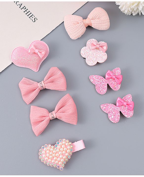 Babyhug Hair Clips with Butterfly Bow Heart Applique  Pack of 8 - Multicolor