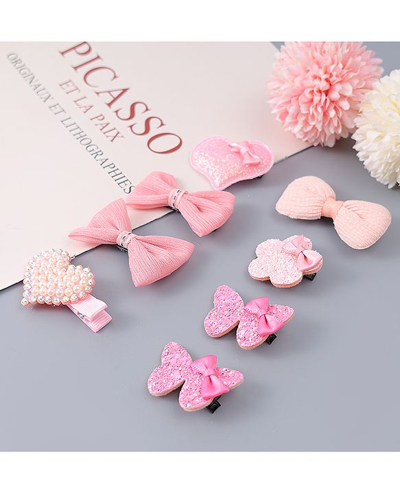 Babyhug Hair Clips with Butterfly Bow Heart Applique  Pack of 8 - Multicolor