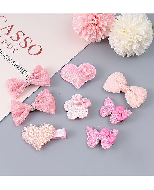 Babyhug Hair Clips with Butterfly Bow Heart Applique  Pack of 8 - Multicolor