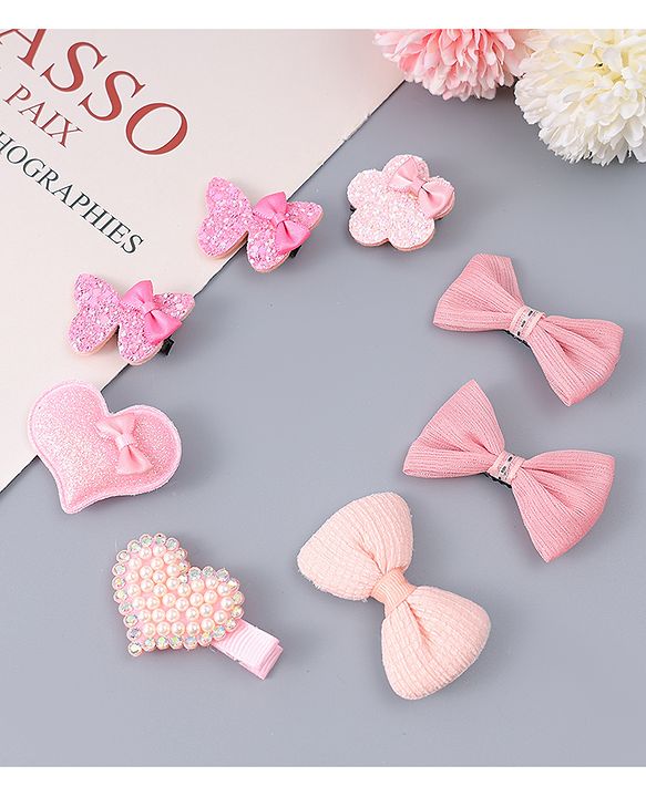Babyhug Hair Clips with Butterfly Bow Heart Applique  Pack of 8 - Multicolor