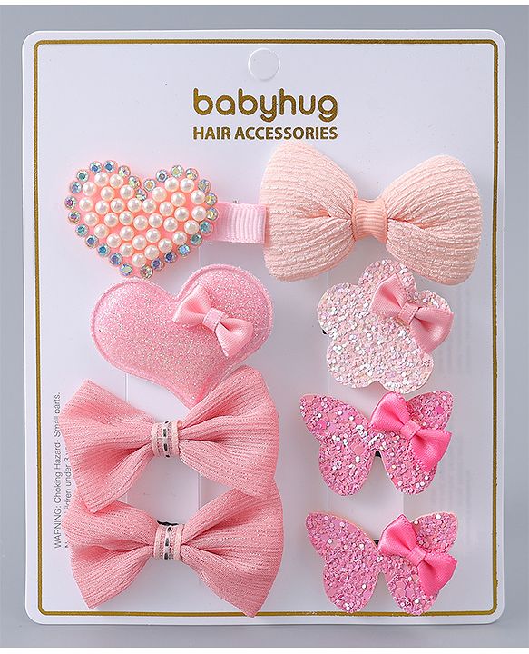 Babyhug Hair Clips with Butterfly Bow Heart Applique  Pack of 8 - Multicolor