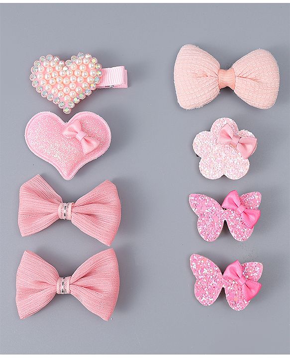 Babyhug Hair Clips with Butterfly Bow Heart Applique  Pack of 8 - Multicolor