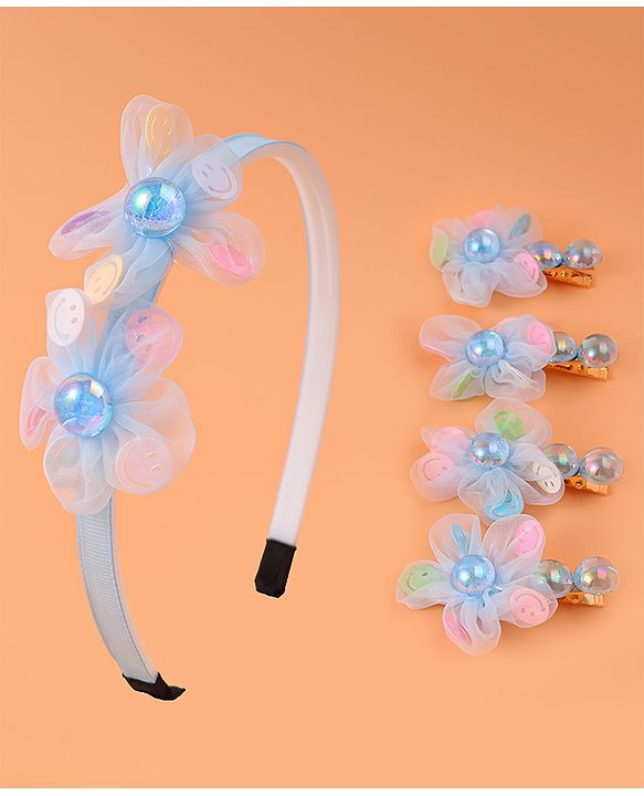 Babyhug Hair Accessories Combo Set with Floral & Diamond Applique - Light Blue