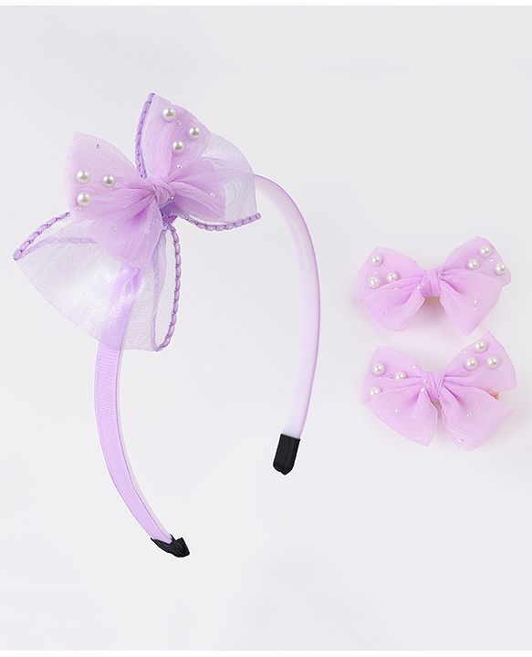 Babyhug Hairband & Clip with Bow Applique Hair Accessories Set - Purple