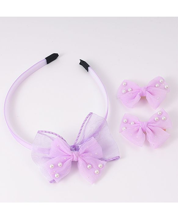 Babyhug Hairband & Clip with Bow Applique Hair Accessories Set - Purple