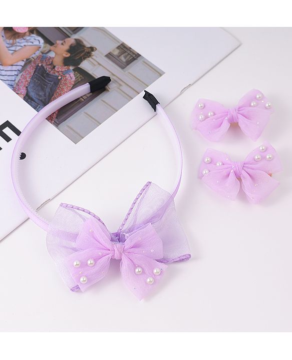 Babyhug Hairband & Clip with Bow Applique Hair Accessories Set - Purple