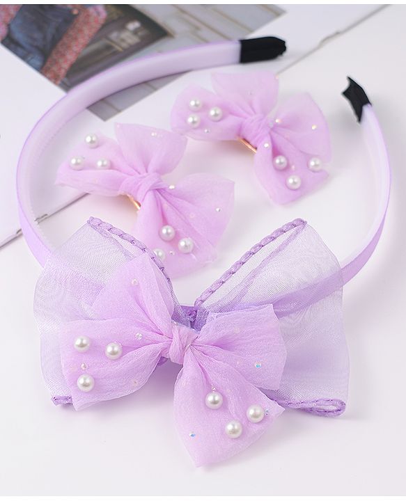 Babyhug Hairband & Clip with Bow Applique Hair Accessories Set - Purple