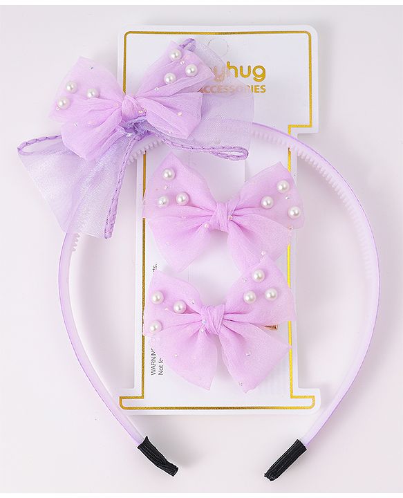 Babyhug Hairband & Clip with Bow Applique Hair Accessories Set - Purple