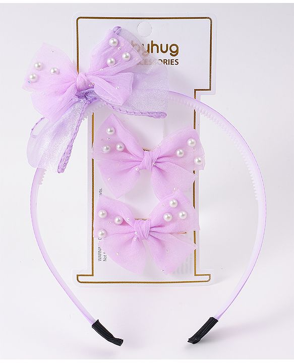 Babyhug Hairband & Clip with Bow Applique Hair Accessories Set - Purple