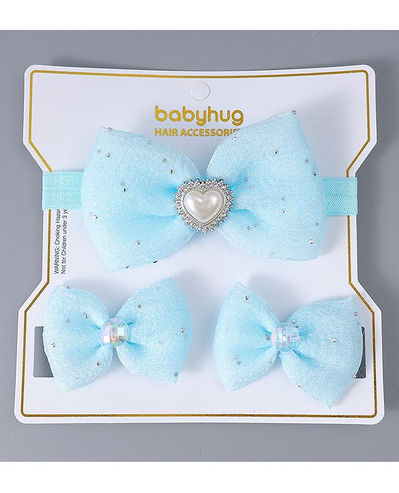 Babyhug Headband & Clips with Bow Applique Accessories Set - Light Blue