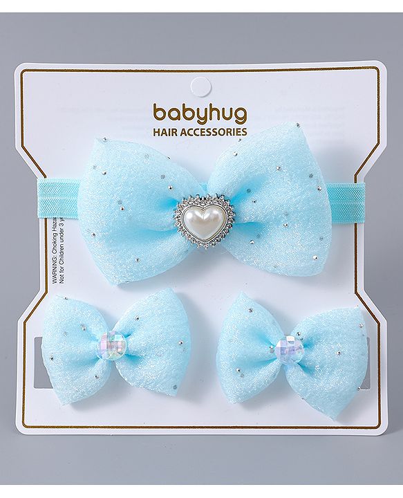 Babyhug Headband & Clips with Bow Applique Accessories Set - Light Blue