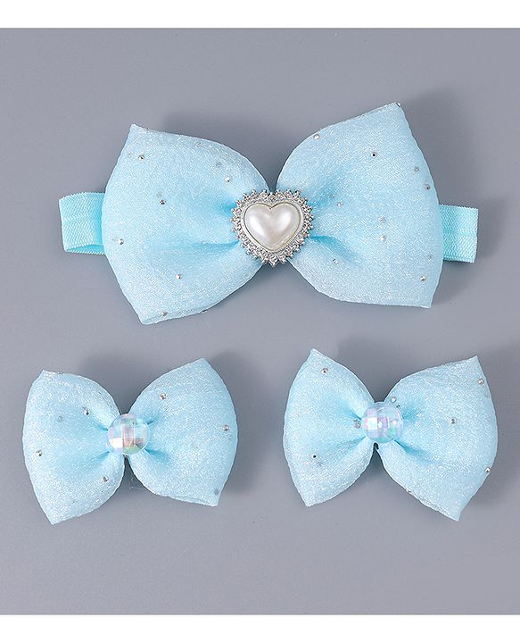 Babyhug Headband & Clips with Bow Applique Accessories Set - Light Blue