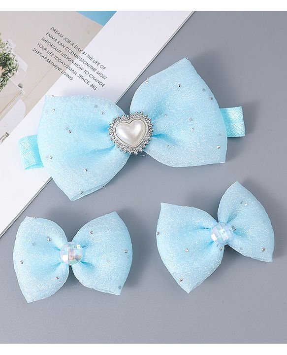 Babyhug Headband & Clips with Bow Applique Accessories Set - Light Blue