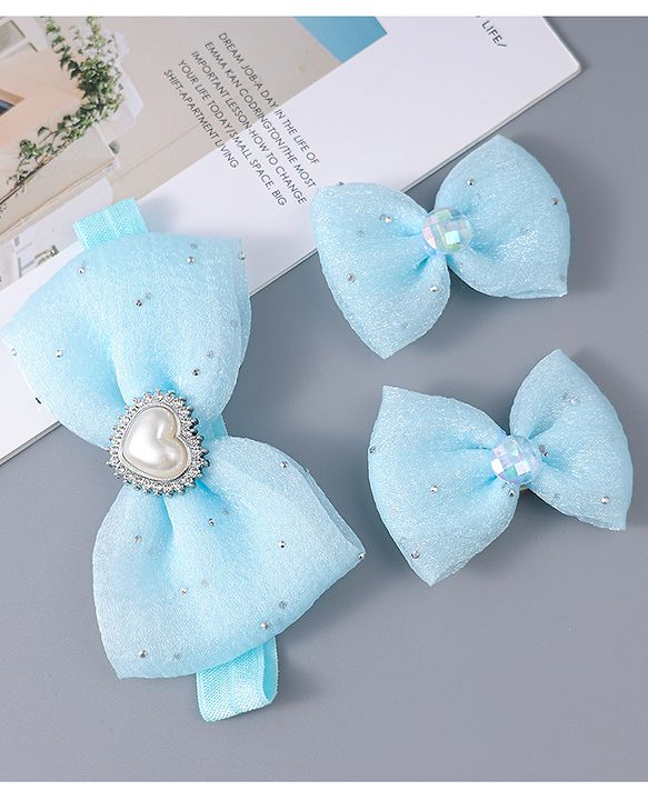 Babyhug Headband & Clips with Bow Applique Accessories Set - Light Blue