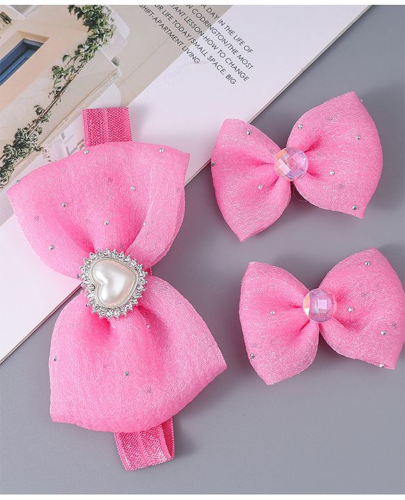 Babyhug Headband & Clips with Bow Applique Accessories Set - Dark Pink