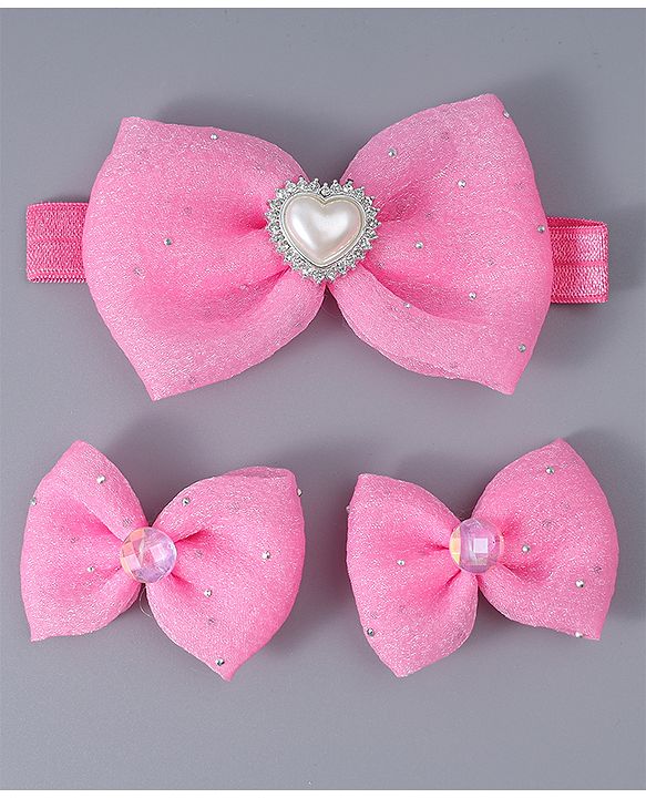 Babyhug Headband & Clips with Bow Applique Accessories Set - Dark Pink
