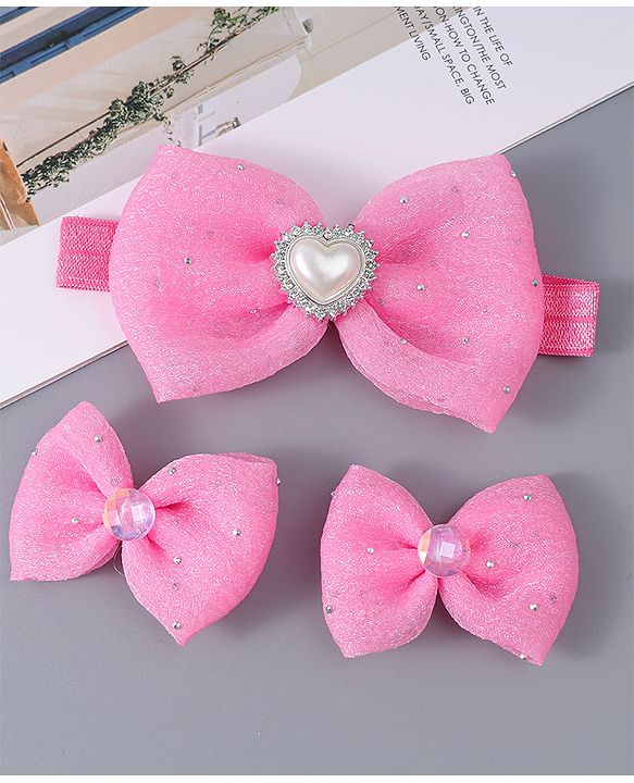 Babyhug Headband & Clips with Bow Applique Accessories Set - Dark Pink