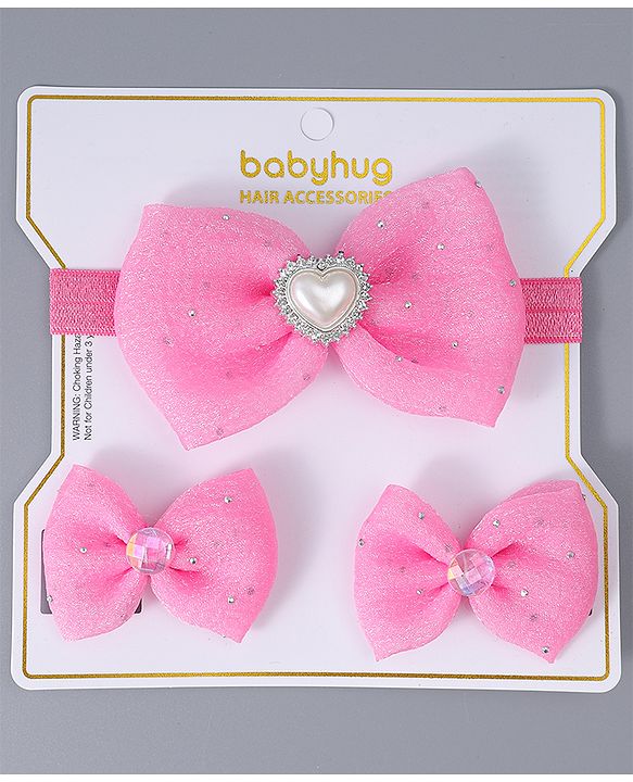 Babyhug Headband & Clips with Bow Applique Accessories Set - Dark Pink
