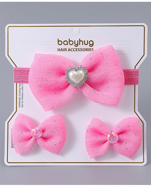Babyhug Headband & Clips with Bow Applique Accessories Set - Dark Pink