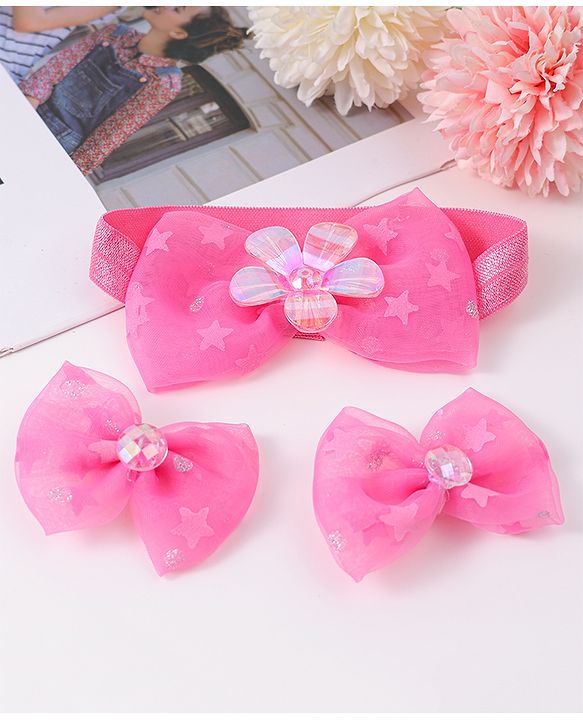 Babyhug Headband & Clips with Bow Applique Accessories Set - Fuchsia