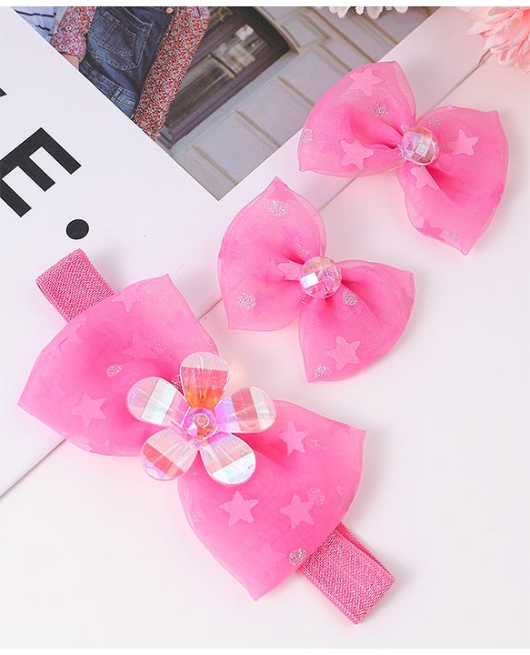 Babyhug Headband & Clips with Bow Applique Accessories Set - Fuchsia