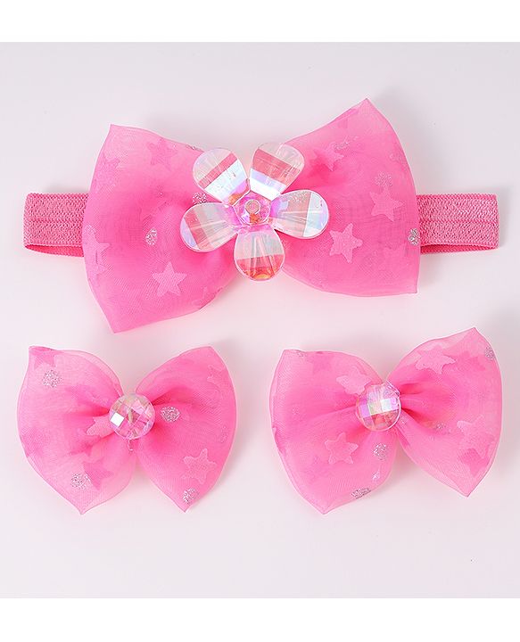 Babyhug Headband & Clips with Bow Applique Accessories Set - Fuchsia